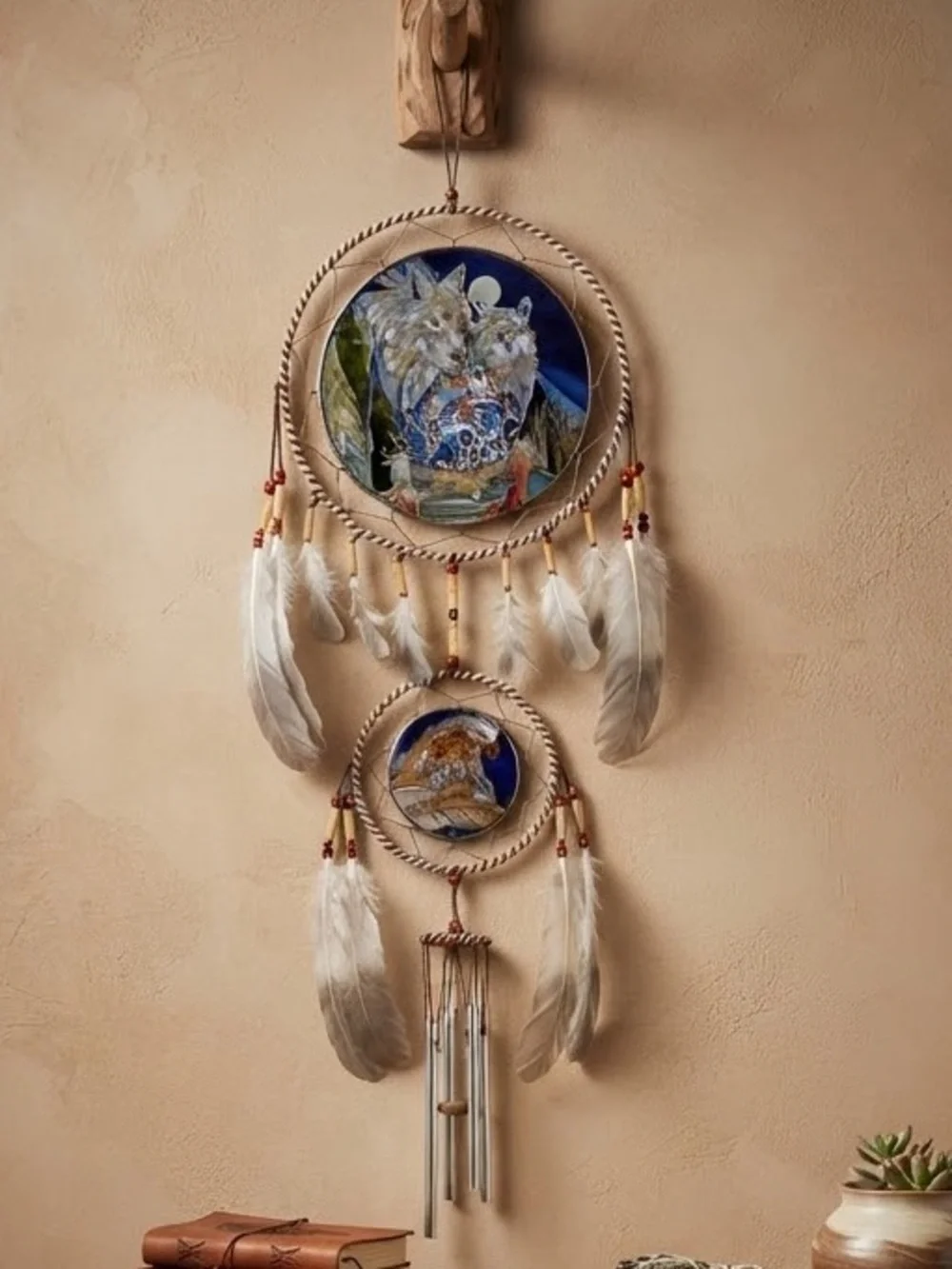 Handmade Blue Wolf Dreamcatcher Wall Hanging